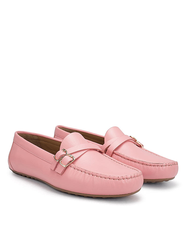 Pink Plain Leather Moccasins