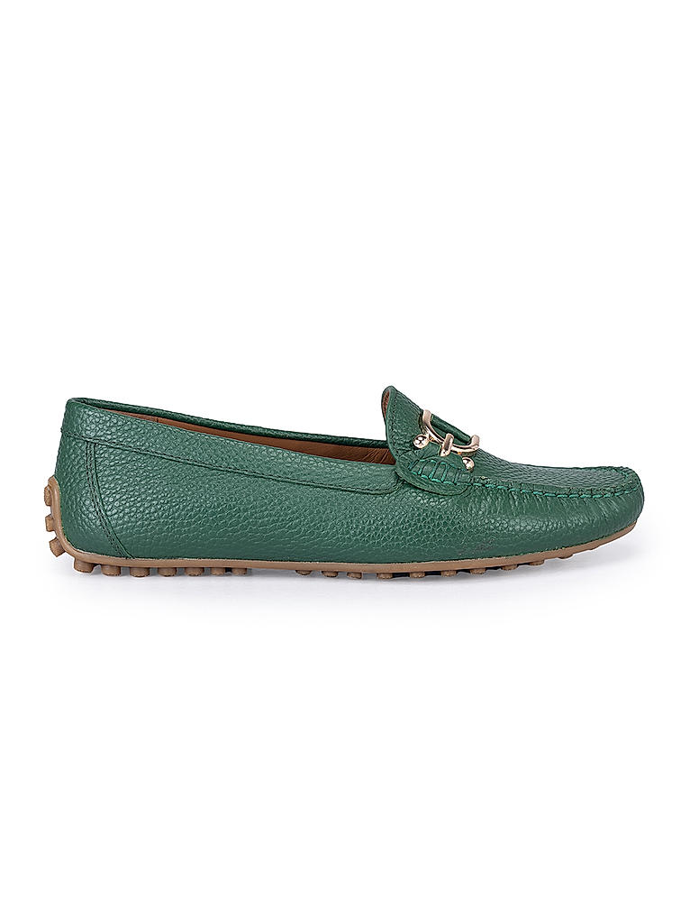 Green Metal Embellished Moccasins