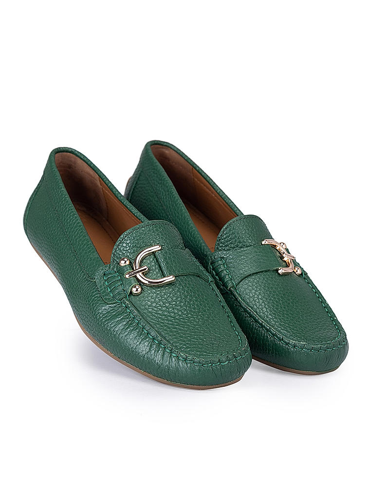 Green Metal Embellished Moccasins