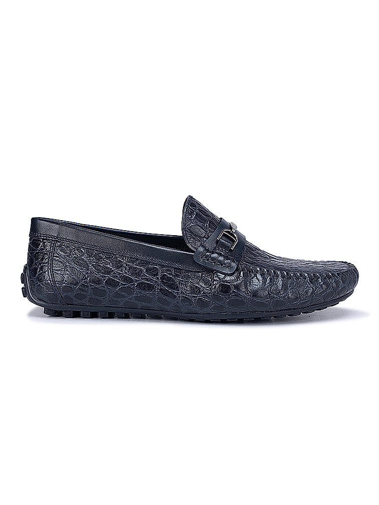 Navy Croco Textured Moccasins