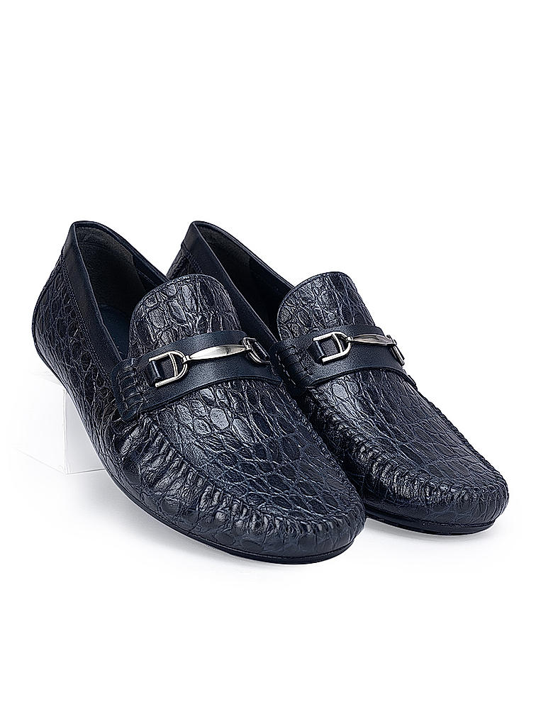 Navy Croco Textured Moccasins