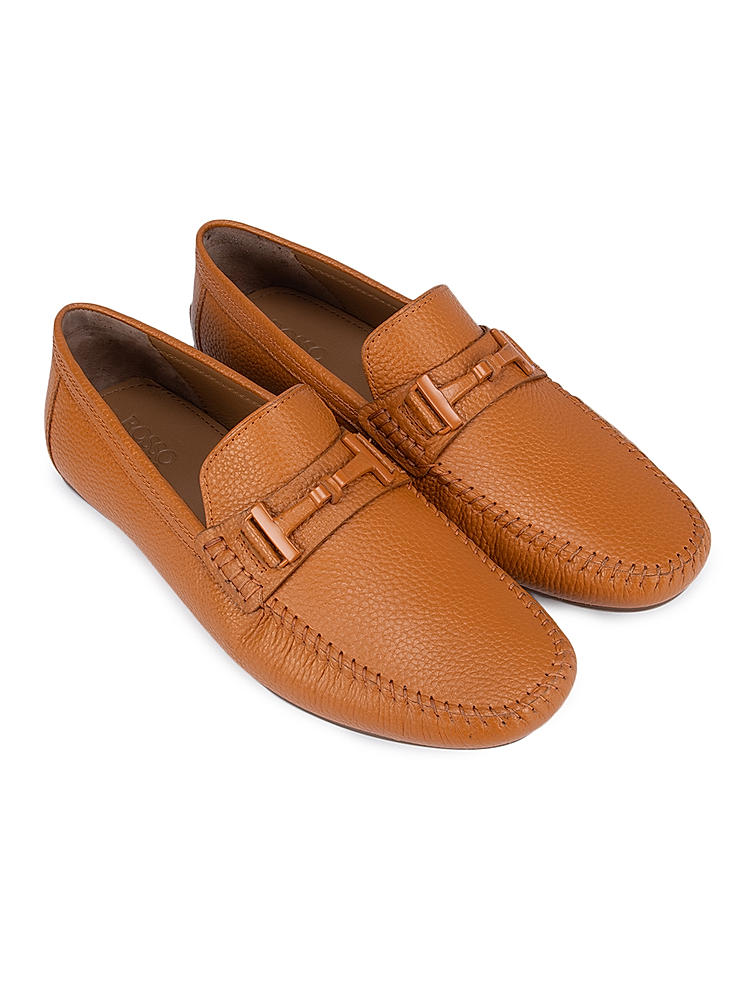 Orange Textured Leather Panle Moccasins