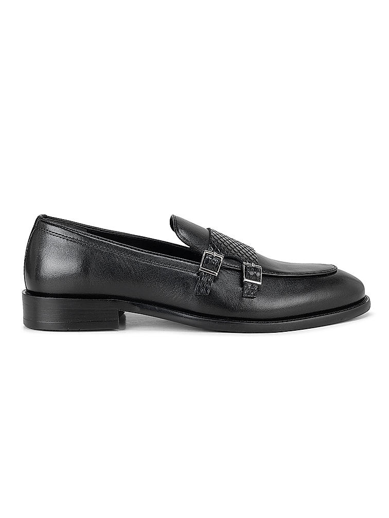 Black Textured Leather Monk Straps