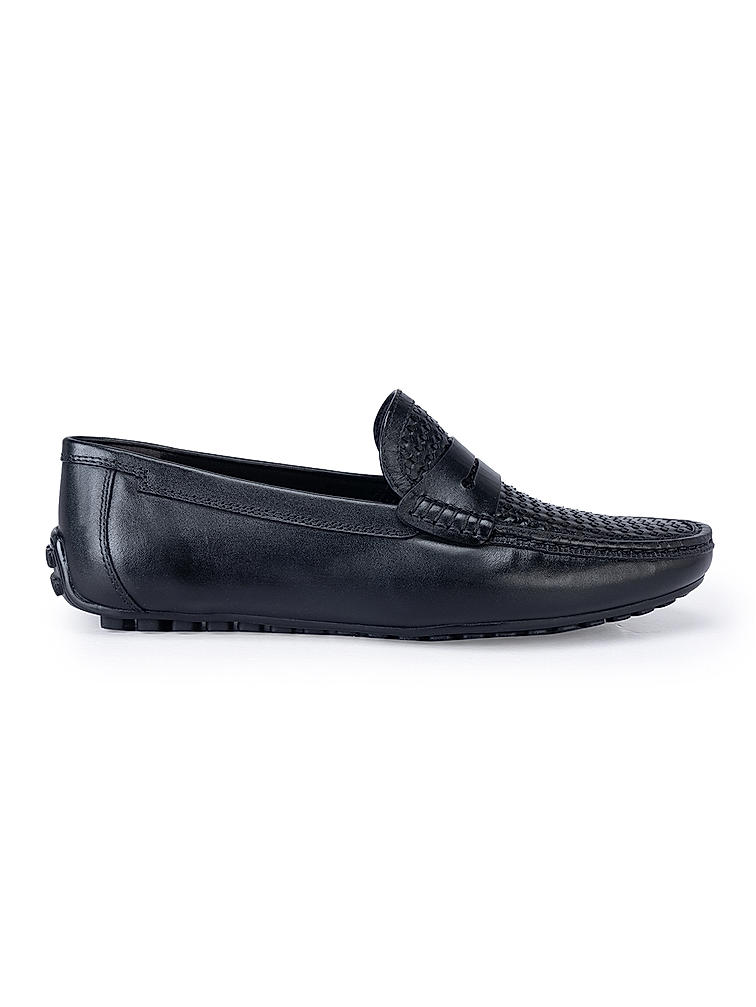 Black Textured Leather Moccasins