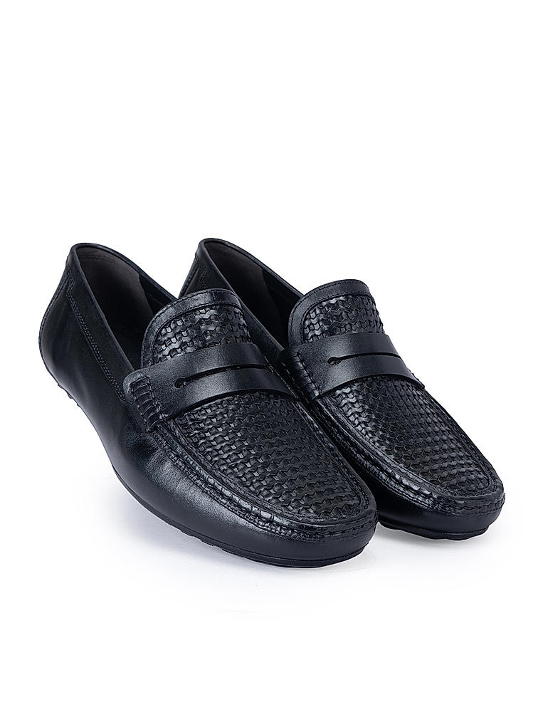 Black Textured Leather Moccasins