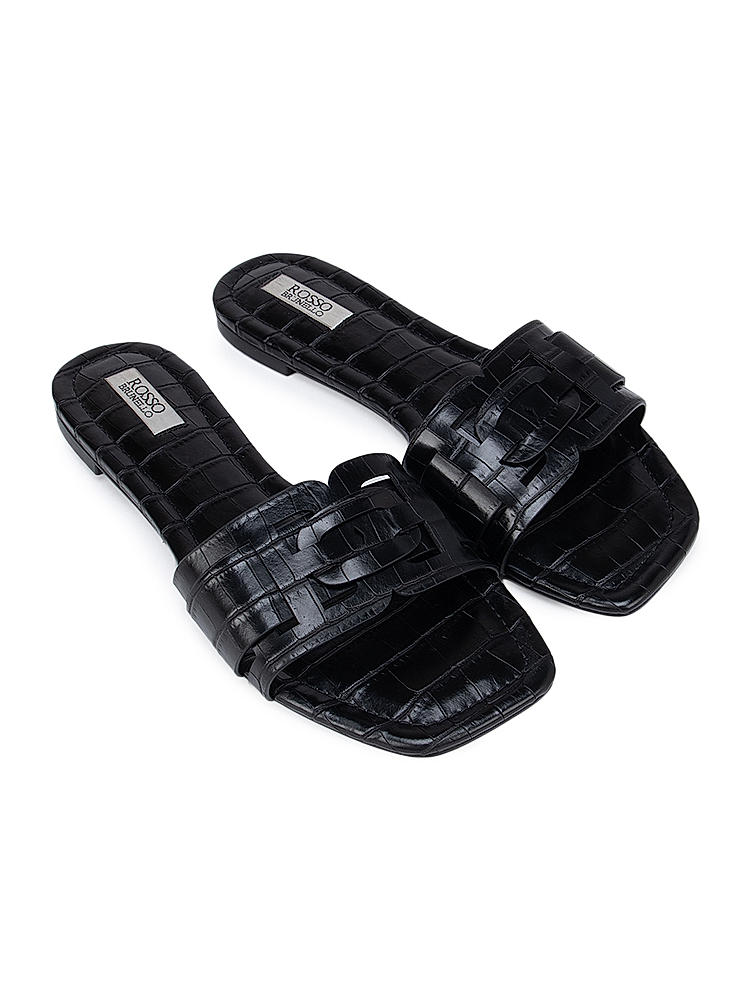 Black Croco Textured Strap Sliders