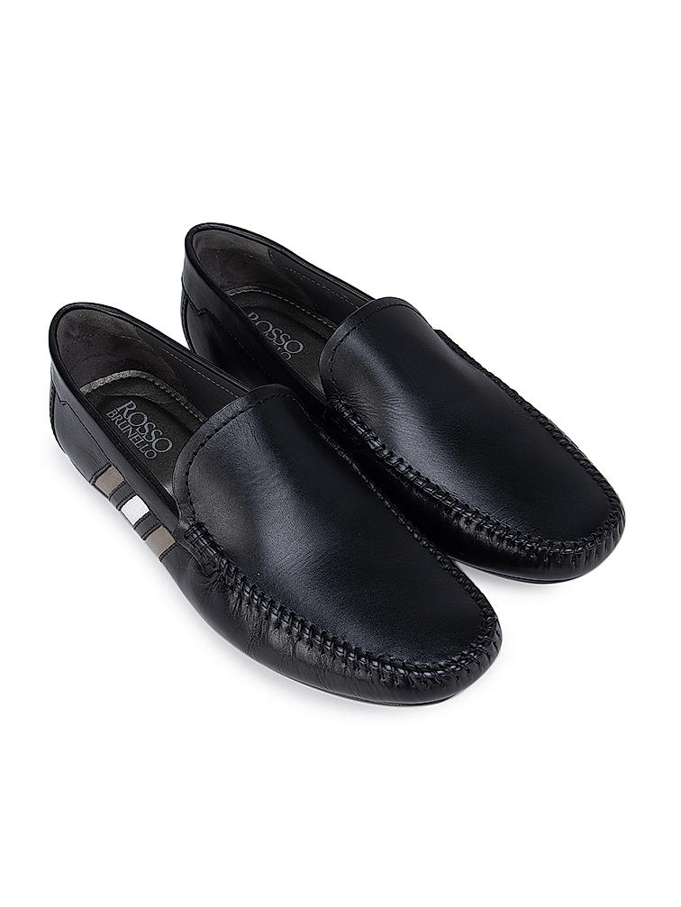 Black Plain Leather Moccasins With Stripes