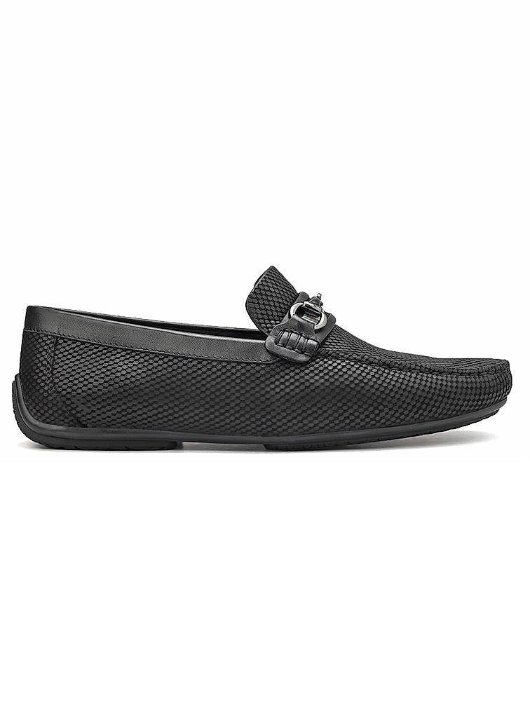 Black Laser Print Leather Moccasins