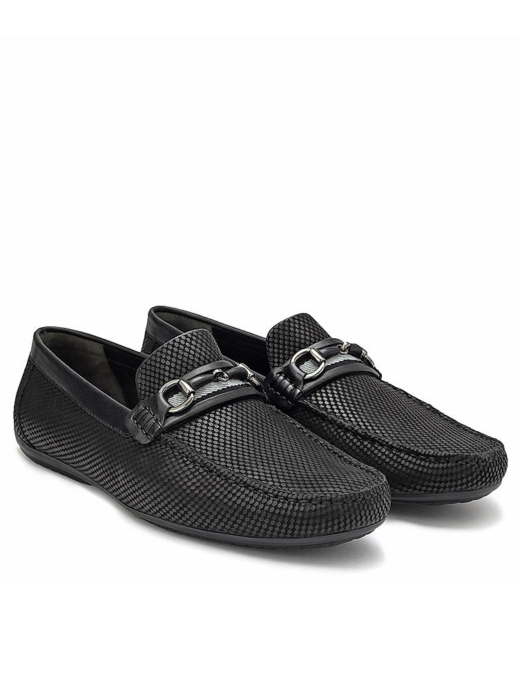 Black Laser Print Leather Moccasins