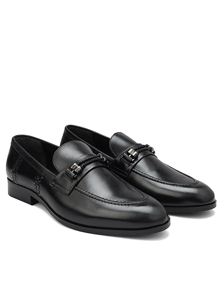 Black Braided Leather Loafers