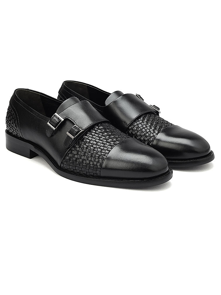 Black Textured Leather Monk Straps