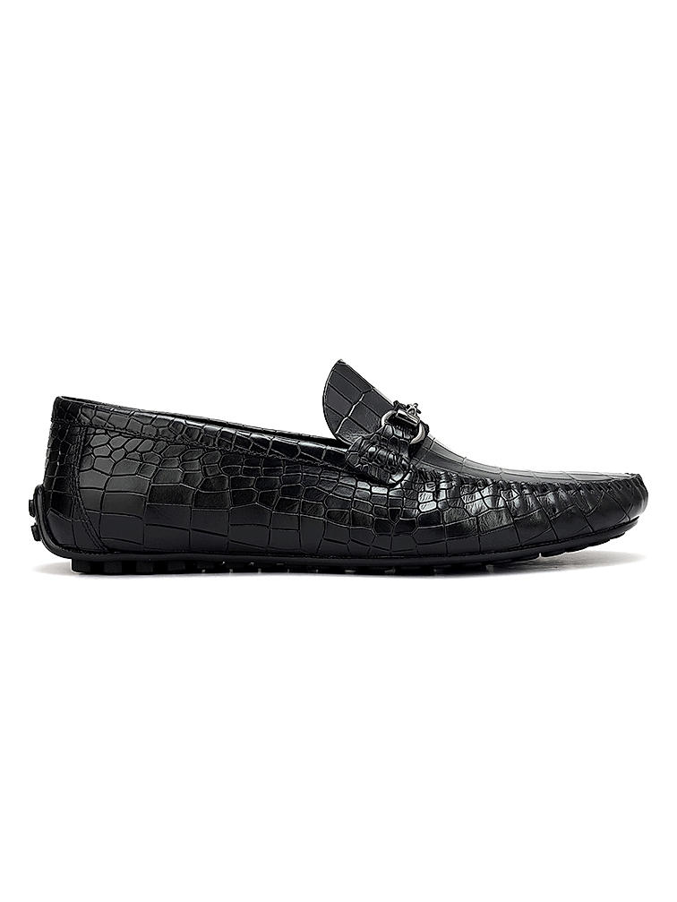 Black Croco Textured Moccasins With Buckle