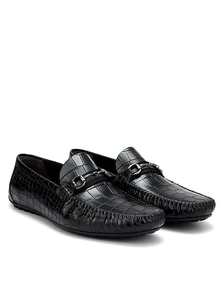 Black Croco Textured Moccasins With Buckle