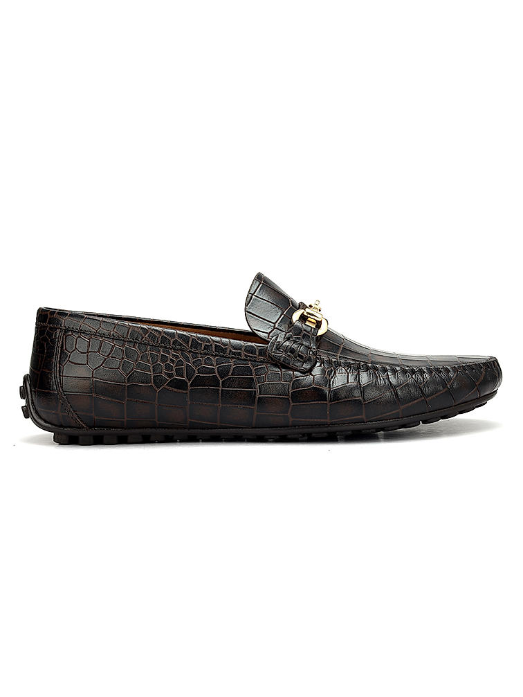 Brown Croco Textured Moccasins With Buckle