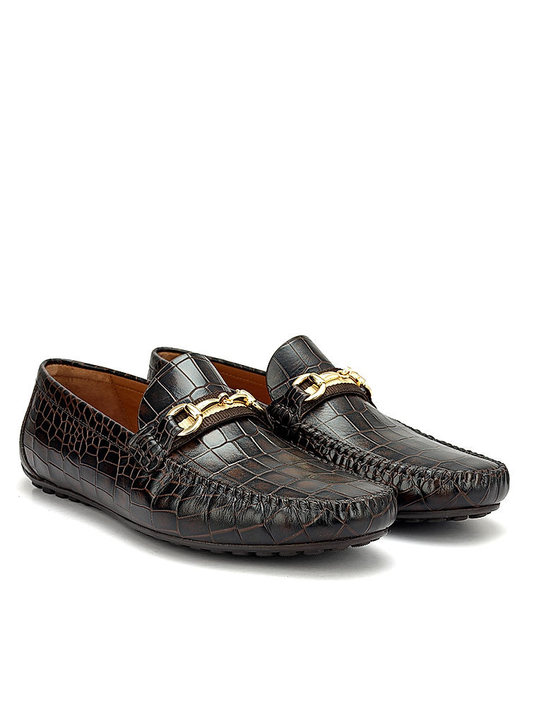 Brown Croco Textured Moccasins With Buckle