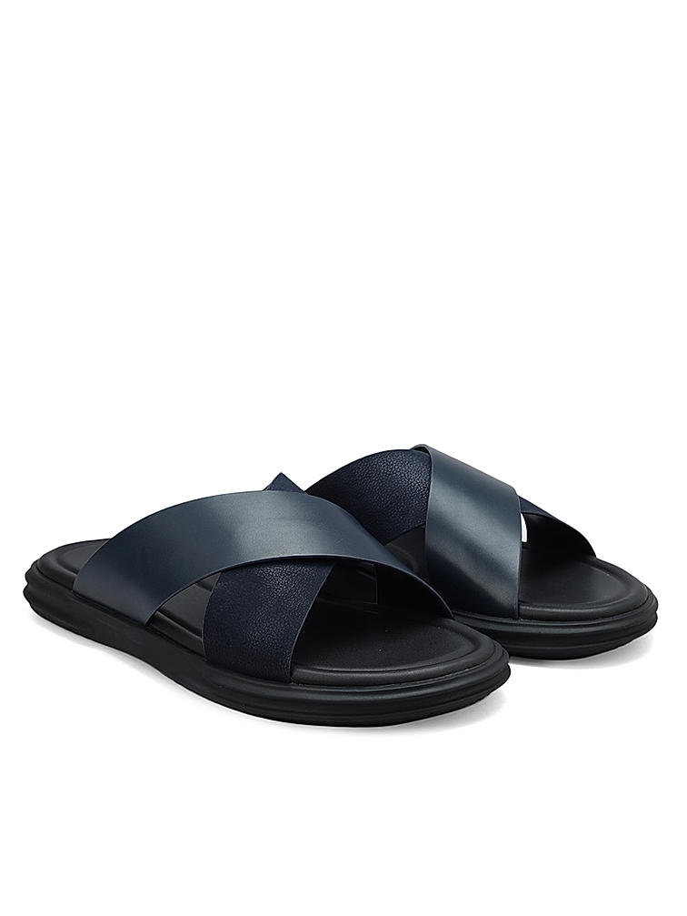 Navy Criss Cross Leather Sliders