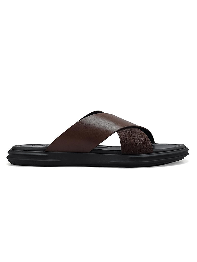 Brown Criss Cross Leather Sliders