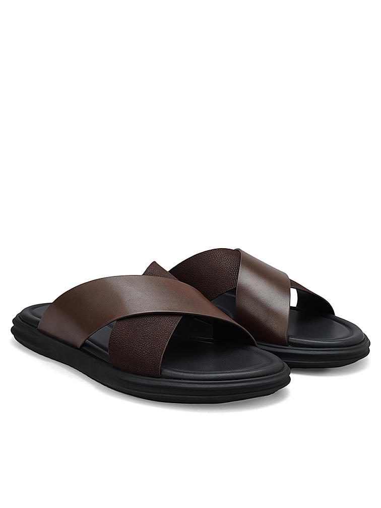 Brown Criss Cross Leather Sliders