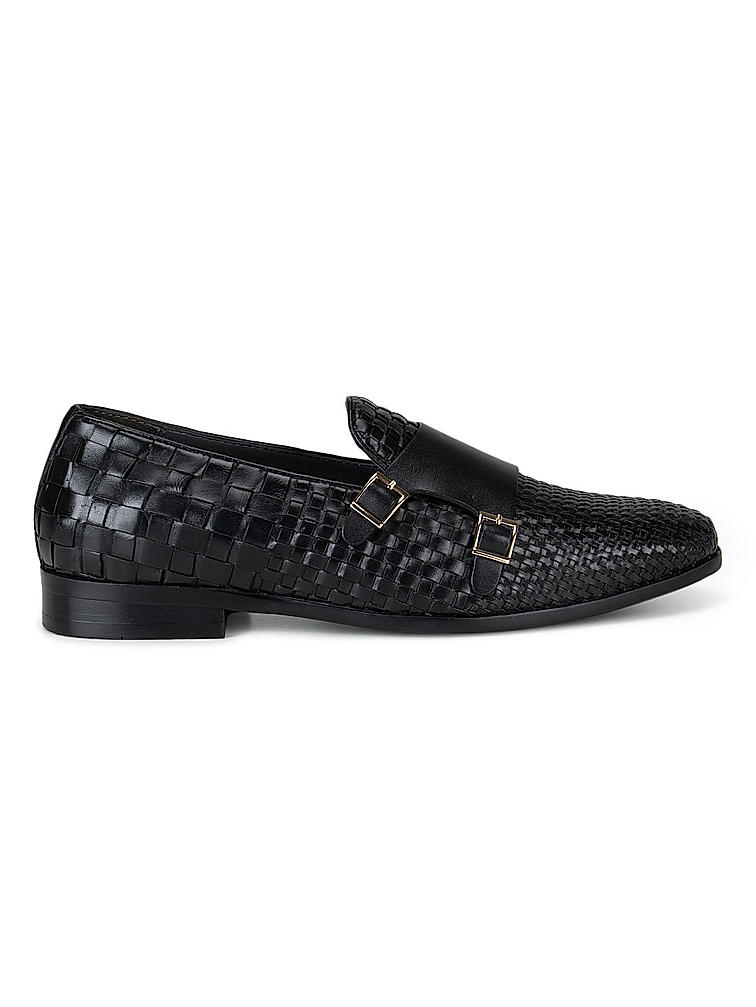 Black Woven Pattern Monk Straps