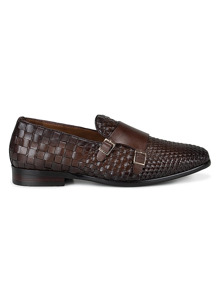 Brown Woven Pattern Monk Straps