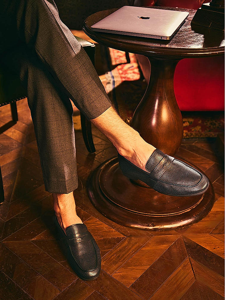 Black Perforated Leather Loafers