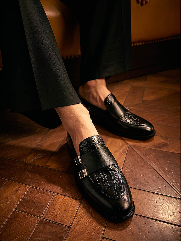 Black Croco Textured Monk Straps