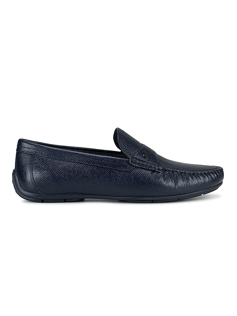 Navy Textured Leather Moccasins