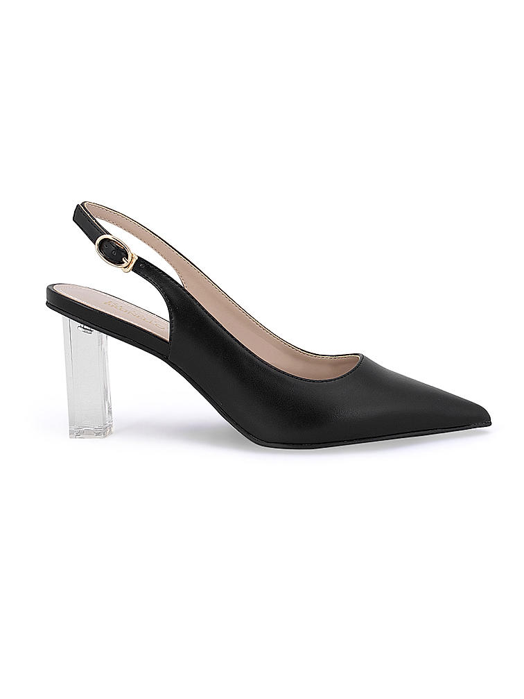 Black Pointed toe Slingbacks with Clear Block Heel