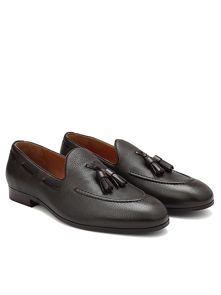 Coffee Leather Loafers With Tassels