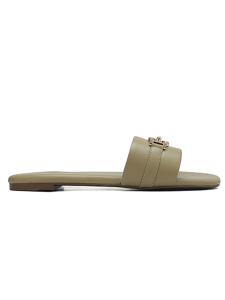 Beige Buckle Up Flats