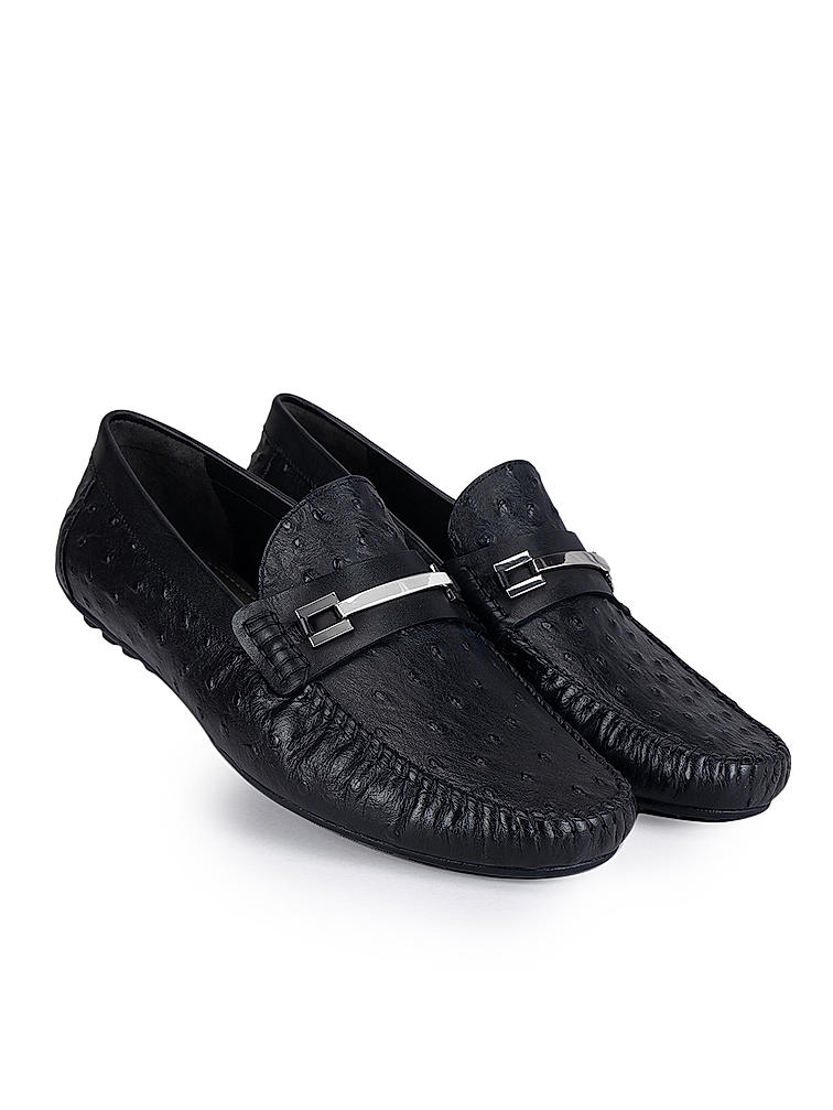 Black Ostrich Leather Moccasins