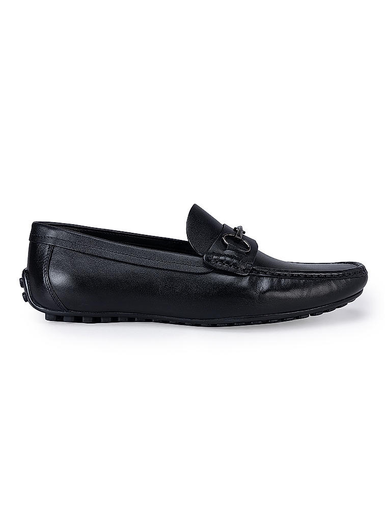 Black Leather Moccasins With Metal Embllishment