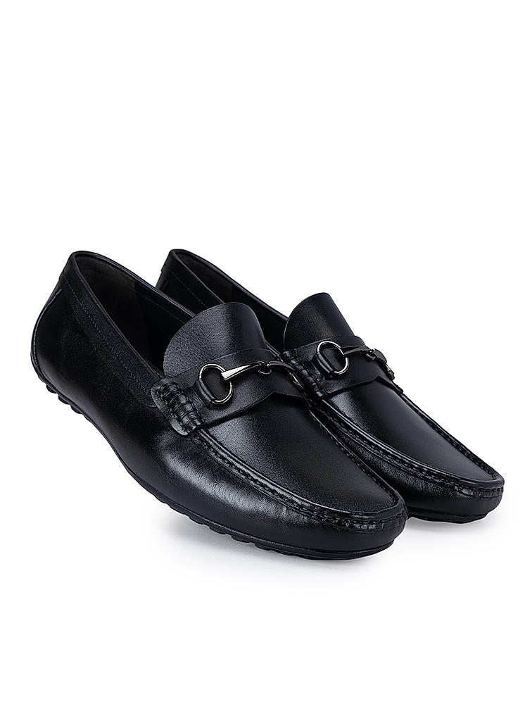 Black Leather Moccasins With Metal Embllishment