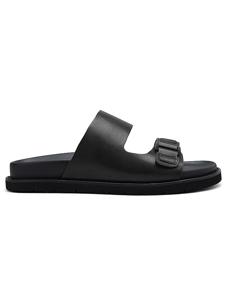 Black Plain Leather Sliders