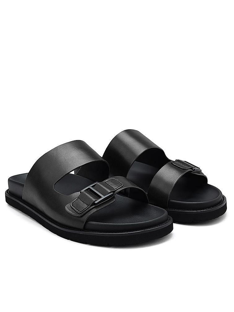 Black Plain Leather Sliders