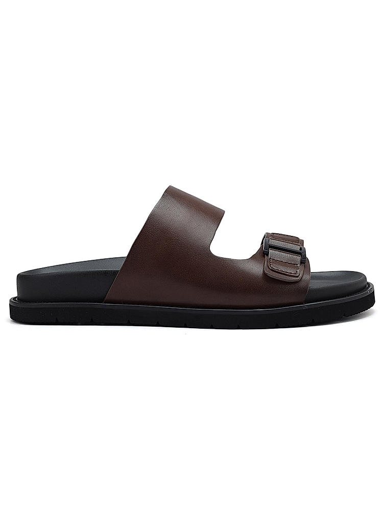 Brown Plain Leather Sliders