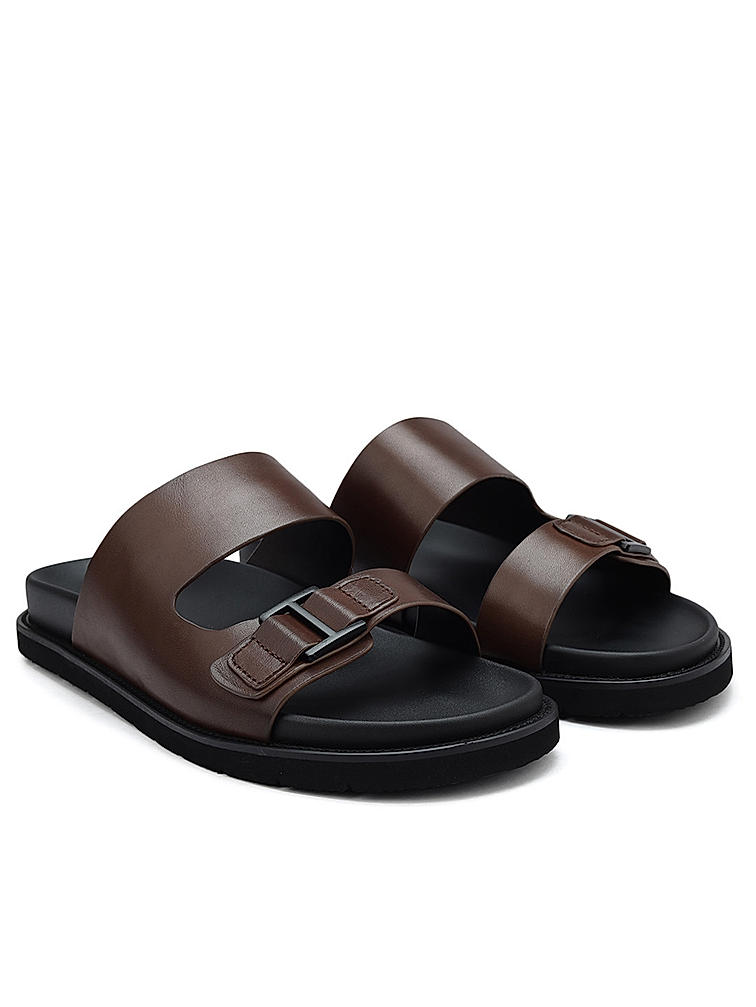 Brown Plain Leather Sliders