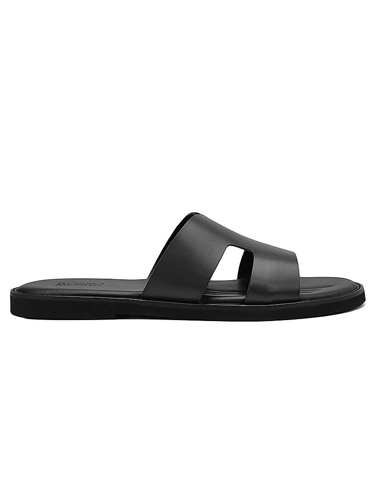 Black Plain Leather Sliders