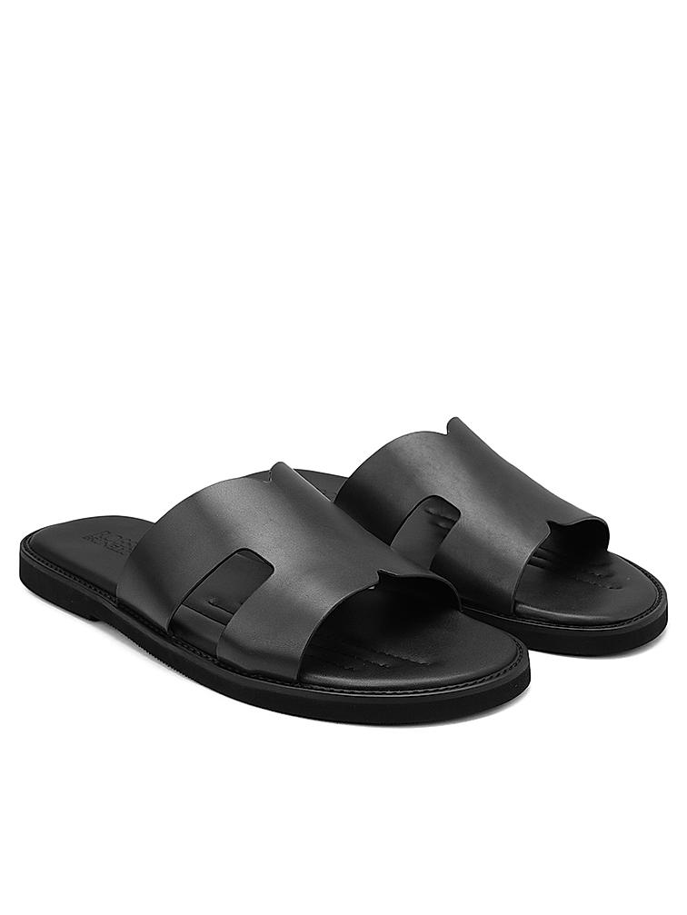 Black Plain Leather Sliders