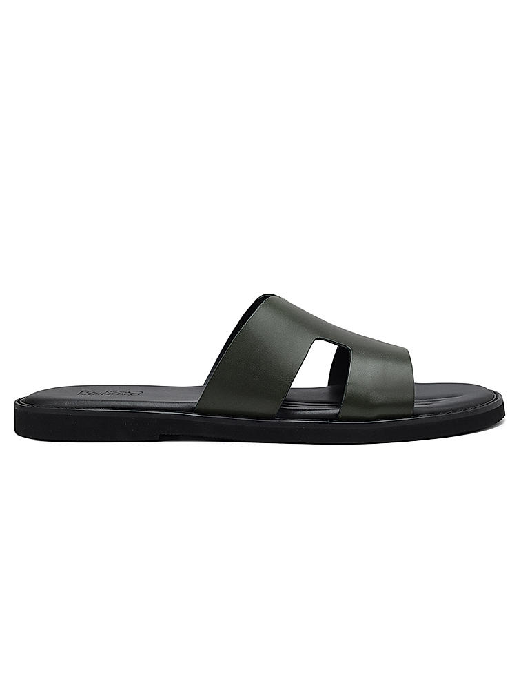 Olive Plain Leather Sliders