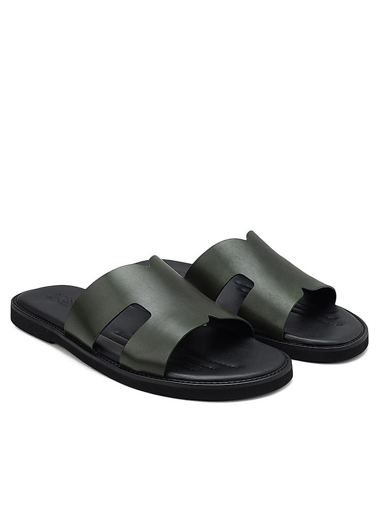 Olive Plain Leather Sliders