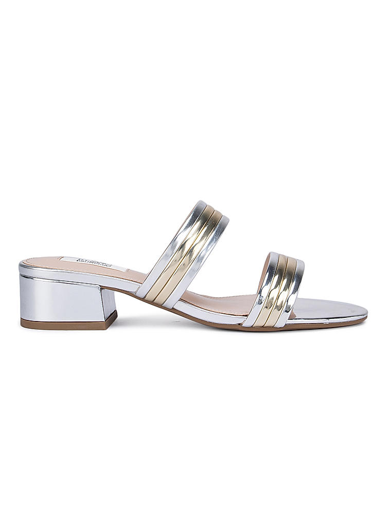 Silver Strappy Slider Block Heels