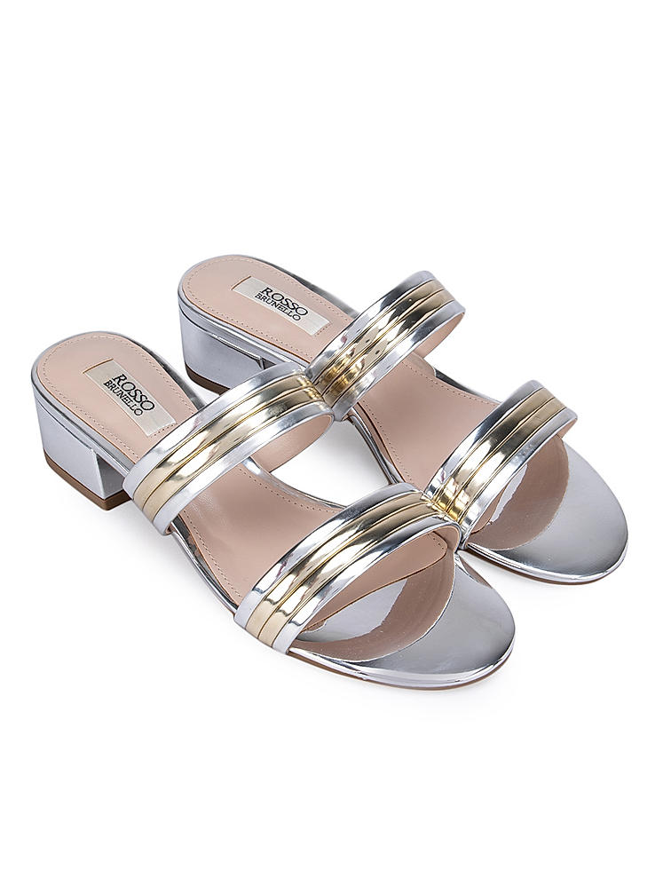 Silver Strappy Slider Block Heels