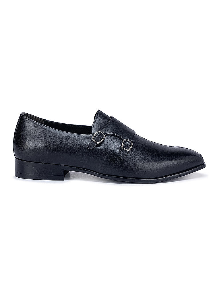 Black Plain Double Monk Strap Shoes