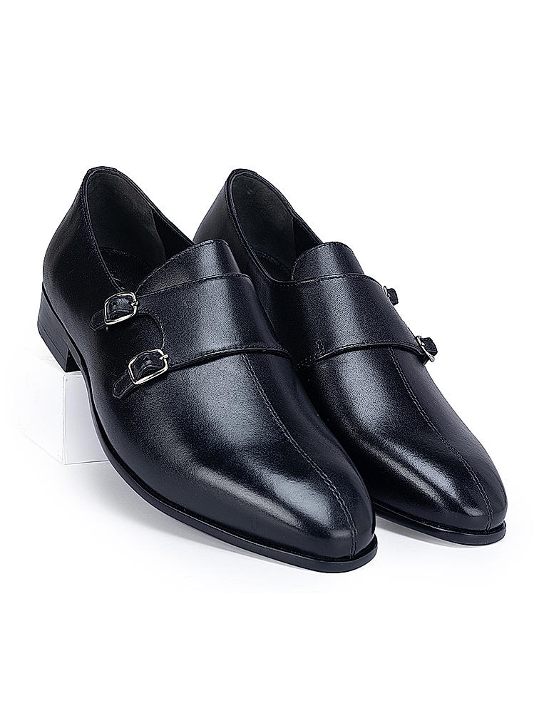 Black Plain Double Monk Strap Shoes