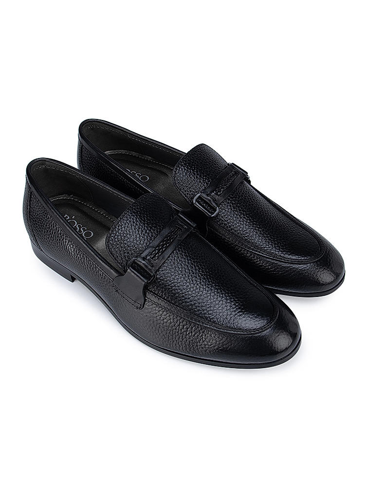 Black Textured Leather Loafers