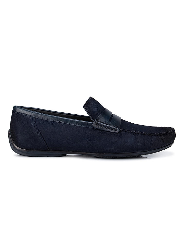 Blue Suede Moccasins With Leather Panel