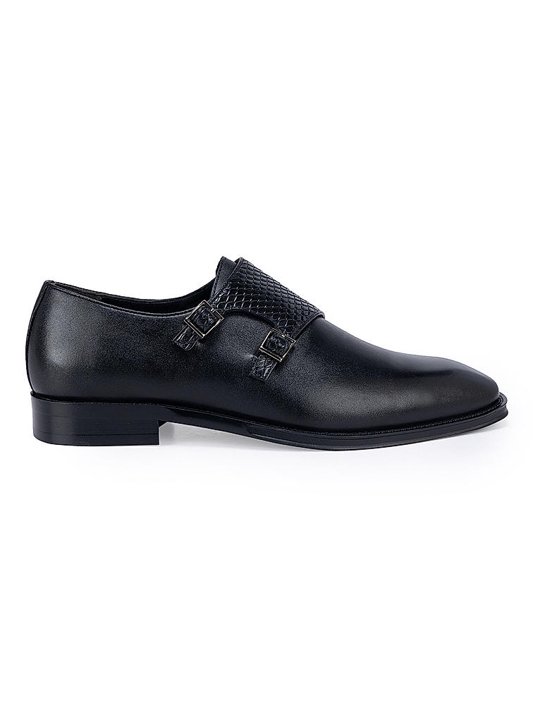 Black Textured Leather Monk Straps