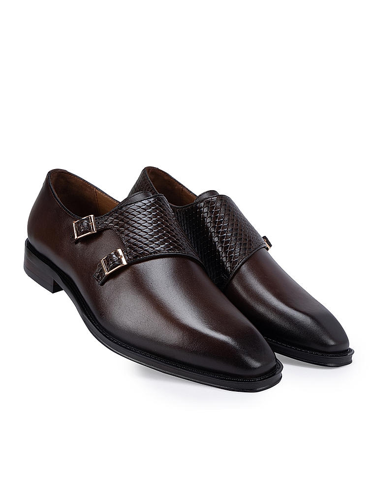 Coffee Textured Leather Monk Straps