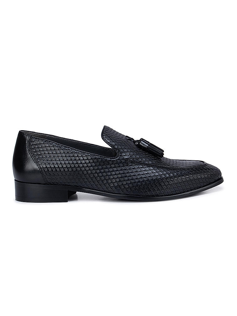 Black Textured Loafers With Tassels